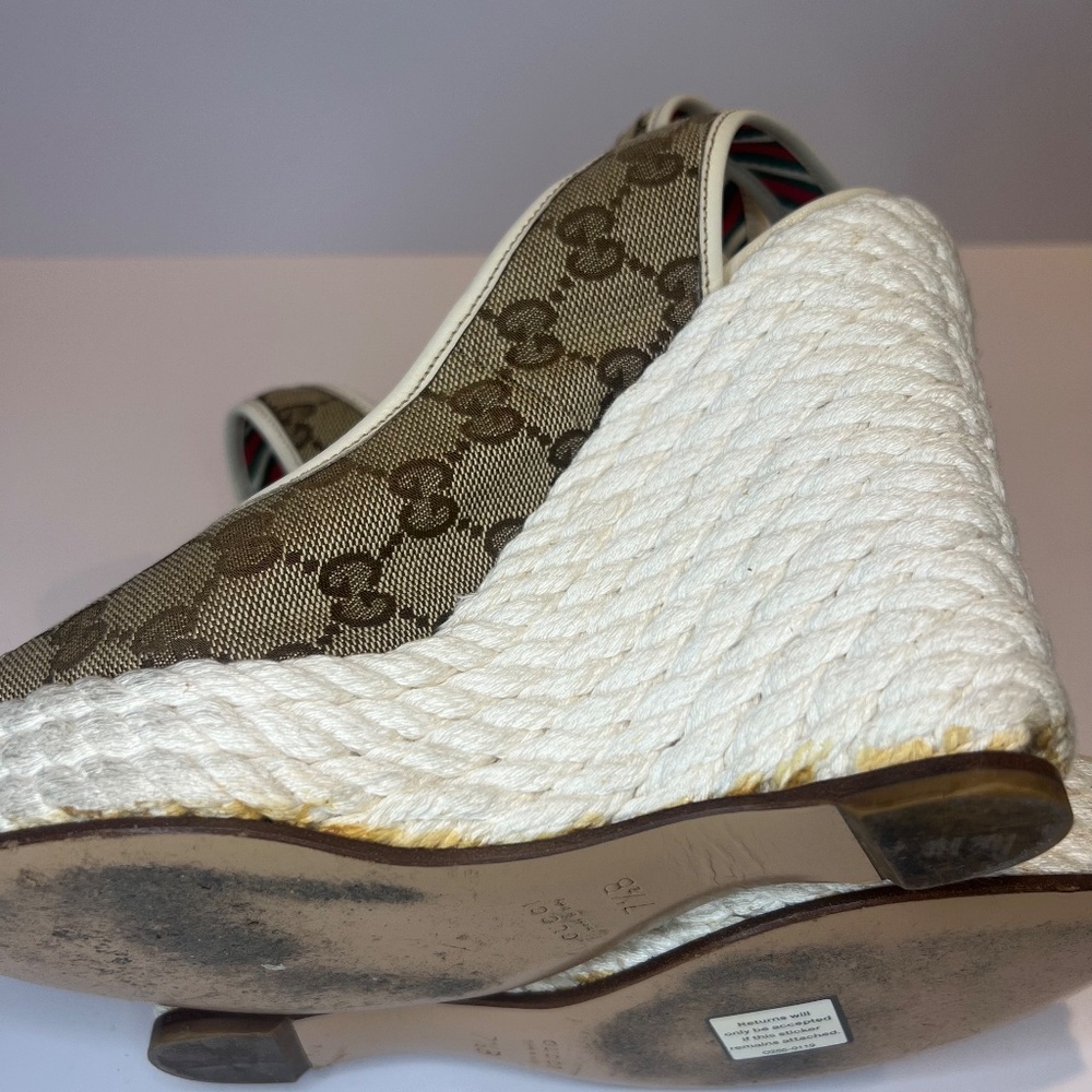 Gucci Beige/White GG Canvas Ankle Strap Wedge Sandals - Picture 11 of 12